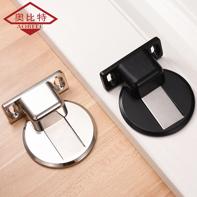 AOBT Black Stainless Steel Magnetic Door Stopper FREE Punching Sticker Hidden Door Holders Floor Mounted Nail-free Door Stops