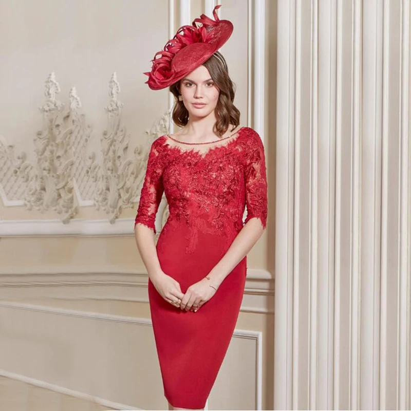 Vestido de encaje corto rojo elegante para madre del novio, traje con chaqueta, escote Bateau, vaina hasta la rodilla, lo último de 2021