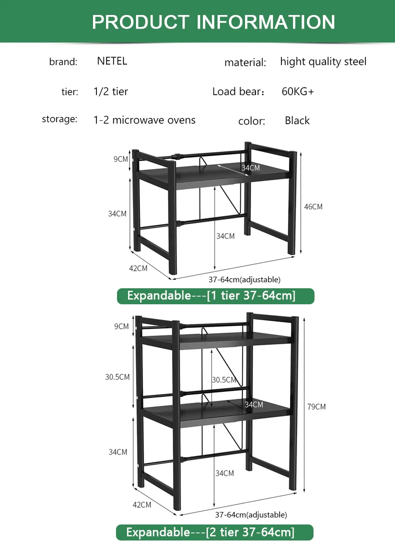 NETEL Oven Rack Kitchen Organizer Accessories Expandable Carbon Steel Microwave Shelf 1-2 Tier