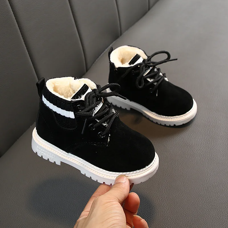 Children Winter Ankle Boots Kids Baby Sweet Fur Lace Up Boot Boys Girls Leather Warm Shoes Kids Short Snow Boots D529