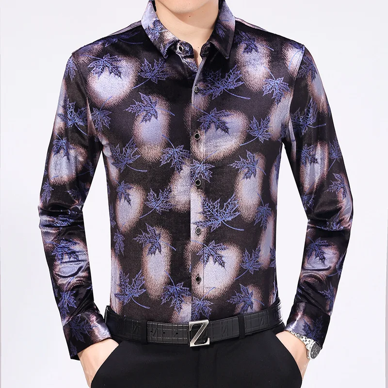 

Leaf Printing Velvet Shirts For Mens Clothes For Mens Fashion Velour Blouses Large Size Smooth Middle-aged And Elderly Shirts