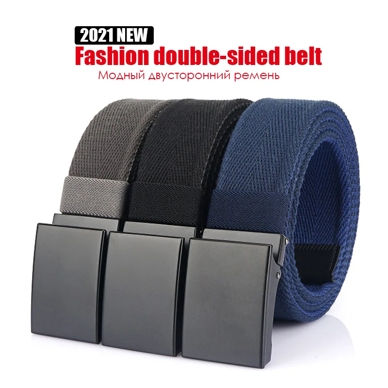 VATLTY 105cm-120cm Canvas Belt for Men Zinc Alloy Silver Reversible Belt Thick Soft Jeans Waistband Girdles Male Outdoors Straps