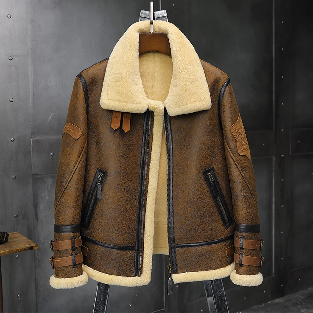 

2019 New Mens B3 Sheepskin Shearling Jacket Lapel Leather Jacket Badge Airforce Flight Coat Winter Mens Fur Coat