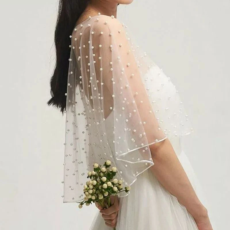 

Accesorios de boda estilo Bolero, capucha nupcial con perlas, capa de boda, Parte delantera corta, parte trasera larga, envoltur