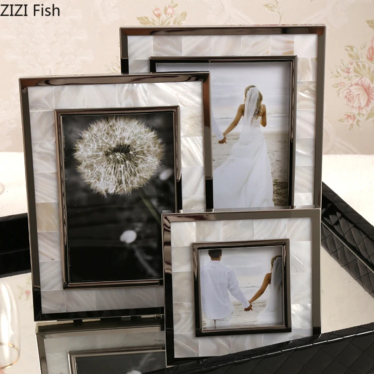 Golden Alloy Photo Frame Natural Shell Material Framed Family Portrait Nightstand Desk Decoration 4/6/7 Inch Picture Frames