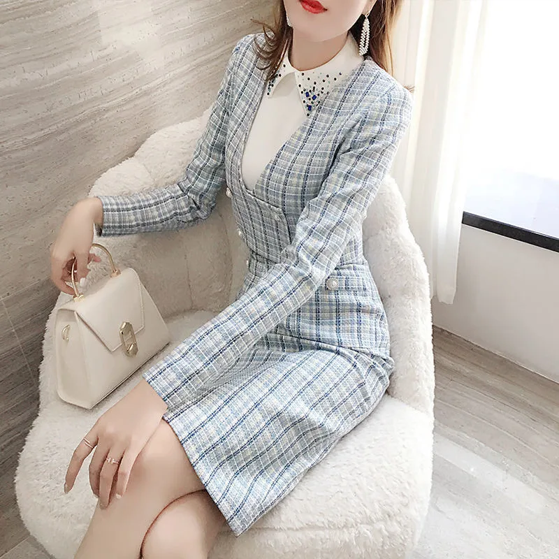 2021 Women's Two Piece Set Female Dress Suit Autumn Winter Ladies lattice 2 Piece Set Female New Temperament Fashionable 2PCS B1