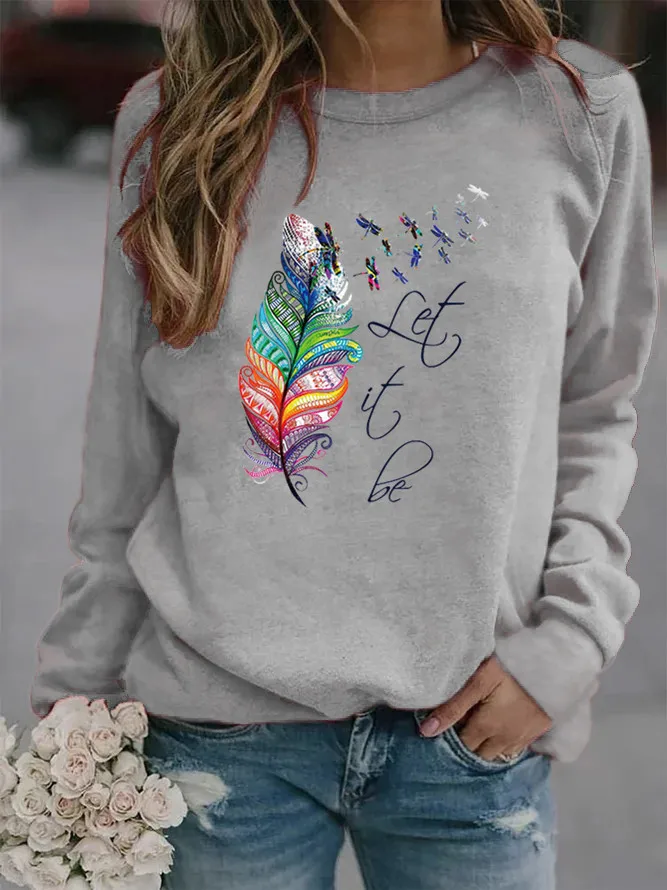 Feather Let It Be Printed Hoodies Women Fleece Long Sleeve O Neck Loose Sweatshirt Girls Women Hoodie Pullovers   Winter