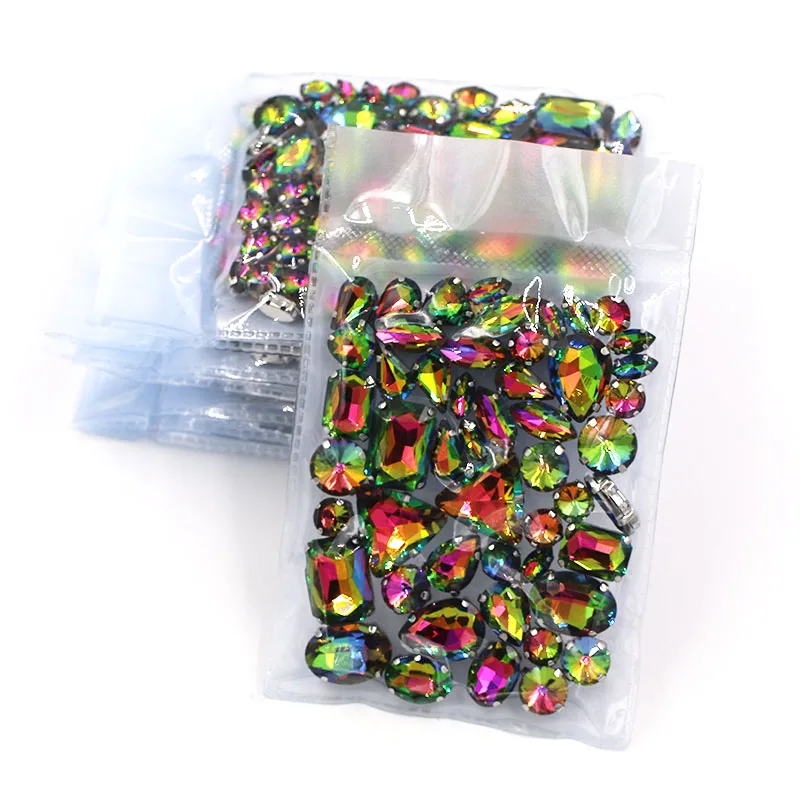 New arrival Wholesale 5 bags mixed shape sew on glass crystal Rainbow rhinestones for clothing/dress