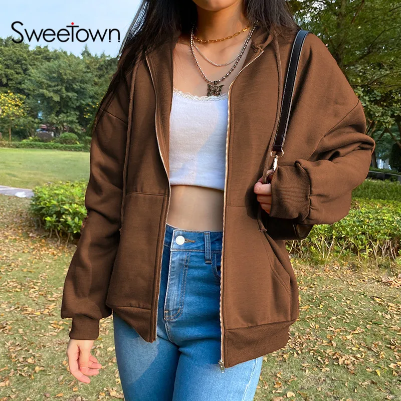 Sweetown Brown New Aesthetic Hoodies Women Vintage Zip Up Sweatshirt Winter Jacket Clothes Pockets Long Sleeve Hooded Pullovers