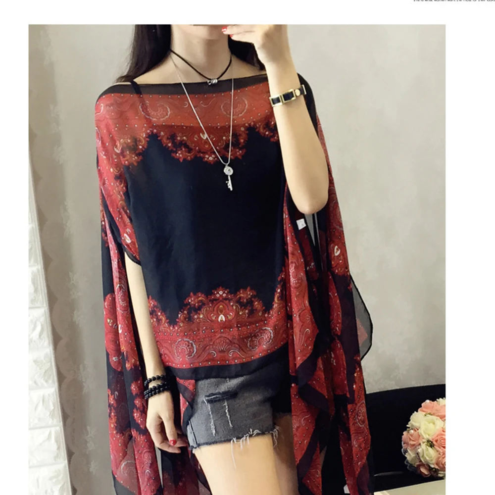 Sun protection clothing women\'s long thin coat long-sleeved chiffon shirt Women Shawl Poncho Printed Sunscreen Bikini Cover