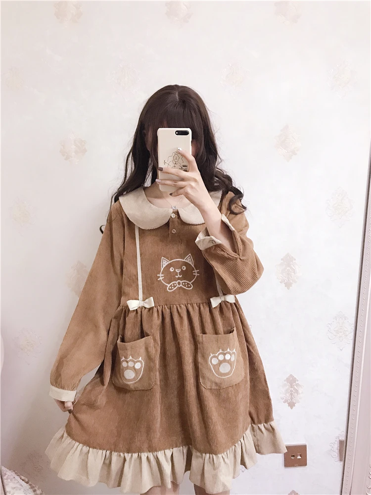 Robe brodée japonaise à manches longues pour filles, avec col de poupée, taille haute, style victorien, kawaii, gothique, lolita op