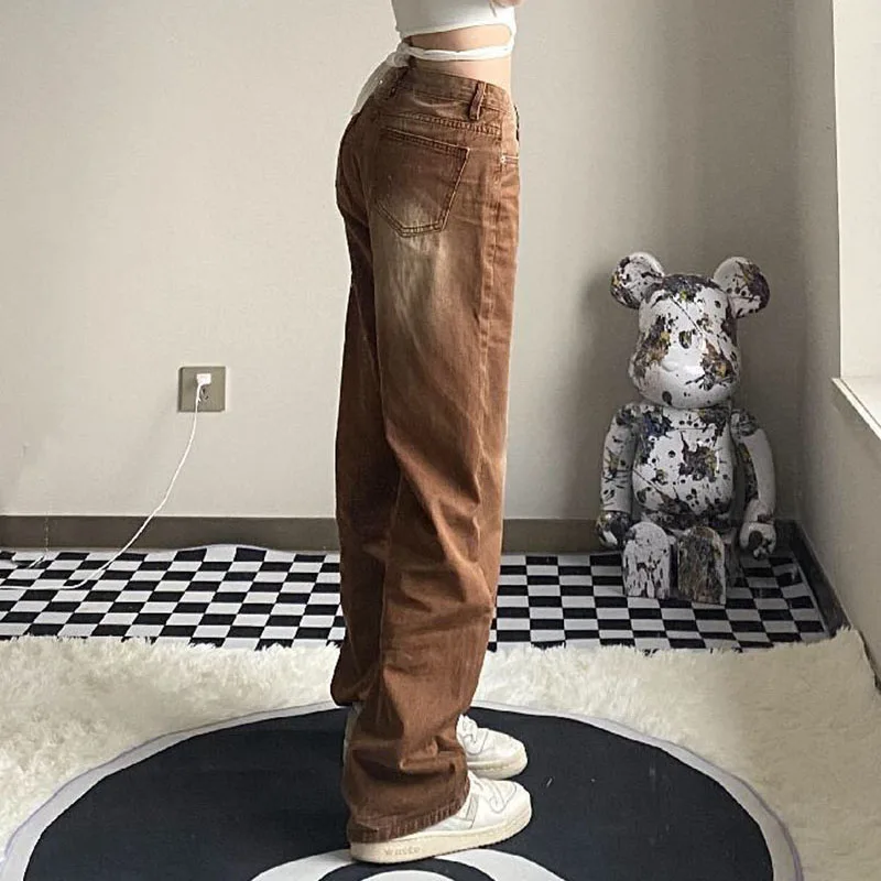 Brown Vintage Baggy Jeans Women 90s Streetwear Pockets Wide Leg Cargo Pants Low Waist Straight Denim Trousers 2021 Big Size XXL