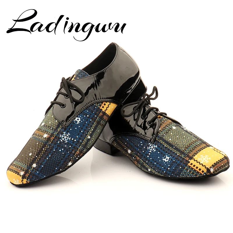 Ladingwu New Modern Men\'s Soft Bottom Latin Dance Shoes Brown Blue Denim Ballroom Waltz Samba Dance Shoes Heel 2.5/4.5cm