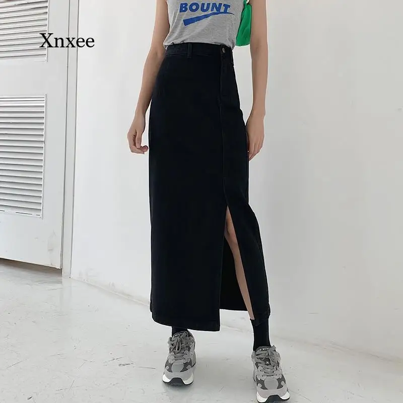 

Straight Long Skirts High Waist Split for Women Casual Harajuku Korean A Line Denim Femme Black Maxi Skirt Ladies Office Bottoms