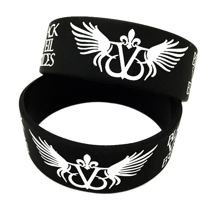 1 PC Black Veil Brides With Angel Wings Silicone Wristband 1 Inch Wide Adult Size