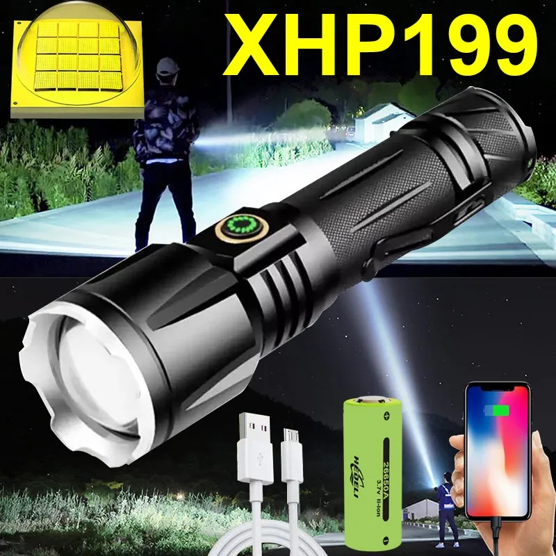 New XHP199 Most Powerful LED Flashlight Torch USB Rechargeable XHP160 Tactical Flash Light 18650 Waterproof Zoomable Hand Lamp