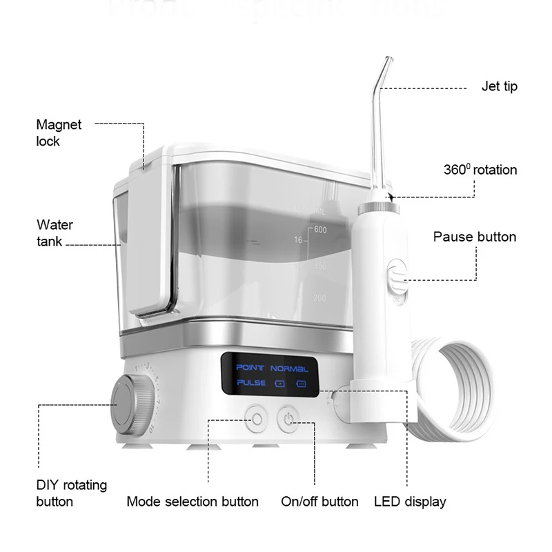 600ML Rechargeble Oral Irrigator with LED Display Dental Water Flosser Portable Teeth Cleaner with 2000mAh Battery for Home Use