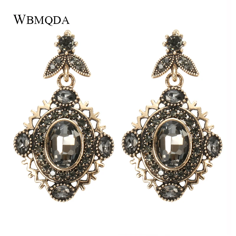 Wbmqda Luxury Gray Crystal Bridal Earrings For Women Antique Gold Color Beach Party Drop Earrings 2020 New Vintage Jewelry