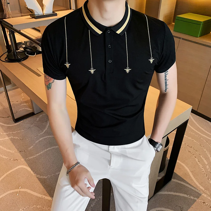 Slim Polo Homme Fit Casual Mens Polos Shirts White Social Knitting Slim Polo Shirt Men Summer Fashion Embroidery Short Sleeve