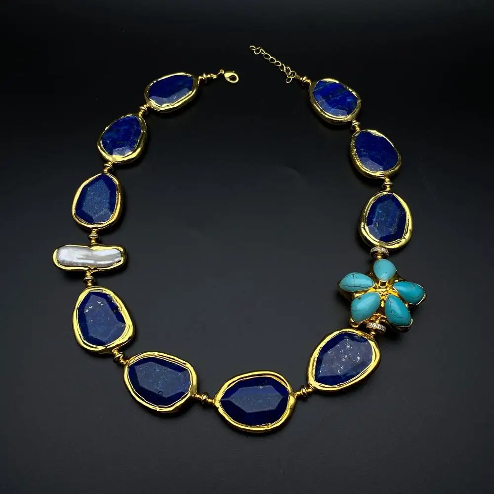 KKGEM White Biwa Pearl With Electroplated Edge Faceted Blue Lapis Lazuli Chunk Turquoise Flower  choker Necklace