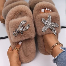 Fluffy Slides Faux Fur Slippers Female Lobster Starfish Fur Sandals Indoor Fashion Slippers Platform Flip Flops Designer Shoes