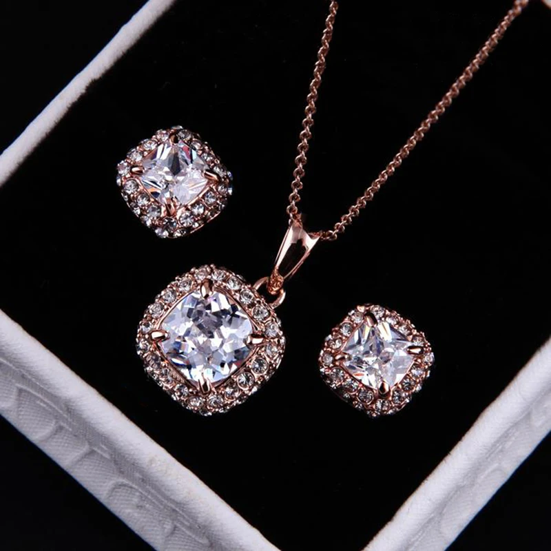 ZHOUYANG Top Quality ZYS008 Rose Gold Color Elegant Wedding Jewelry Necklace Earrings Set Made with Austrian Crystals