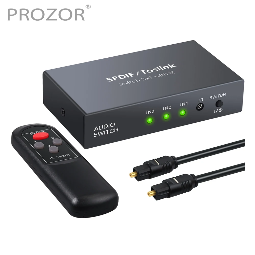 PROZOR SPDIF/TOSLINK Optical Audio 3x1 Switcher Digital Optical Switch Splitter Extender with IR Remote Control Optical Cable