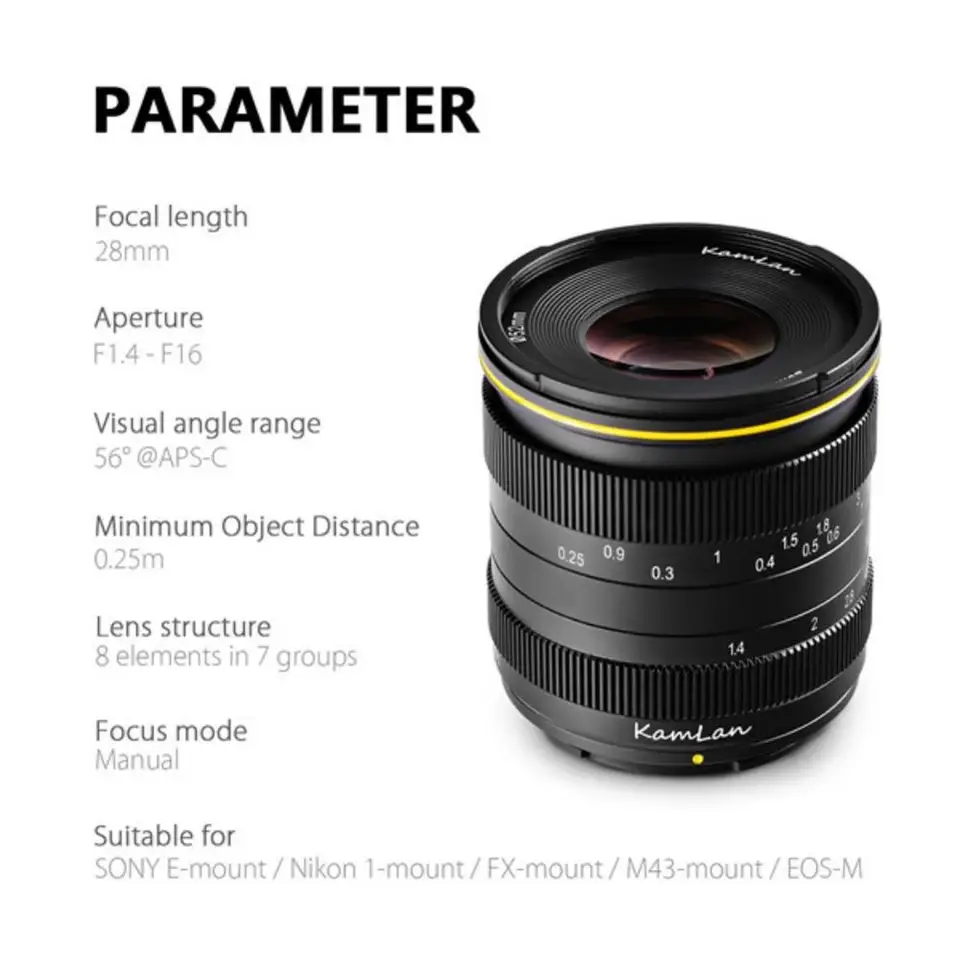 Kamlan 28mm f1.4 Wide Angle APS-C Large Aperture Manual Focus Lens