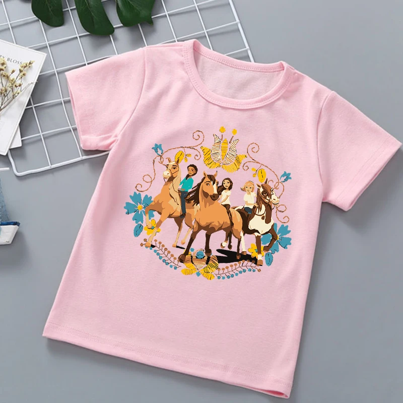 New hot sale children\'s tshirts Mustang spirit cartoon print girls t-shirts fashion trend baby girls t shirts pink clothing tops