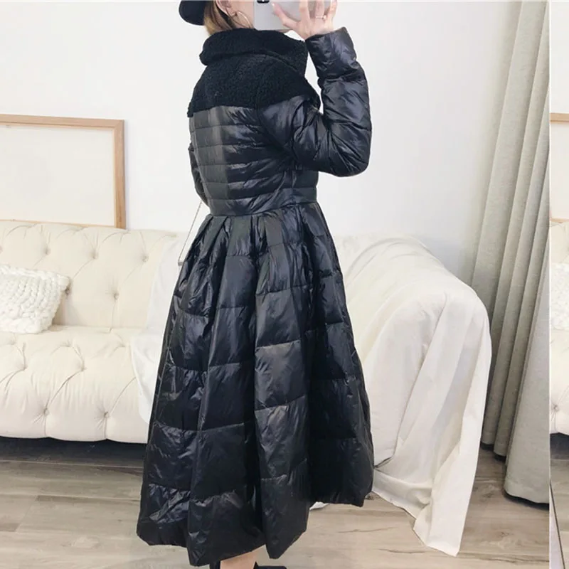 Stilysh Big Swing Skirt Down Jacket Winter Women Irregular Hem Waist Slim Outwear Parka Turn-collar White Duck Down Coats Long