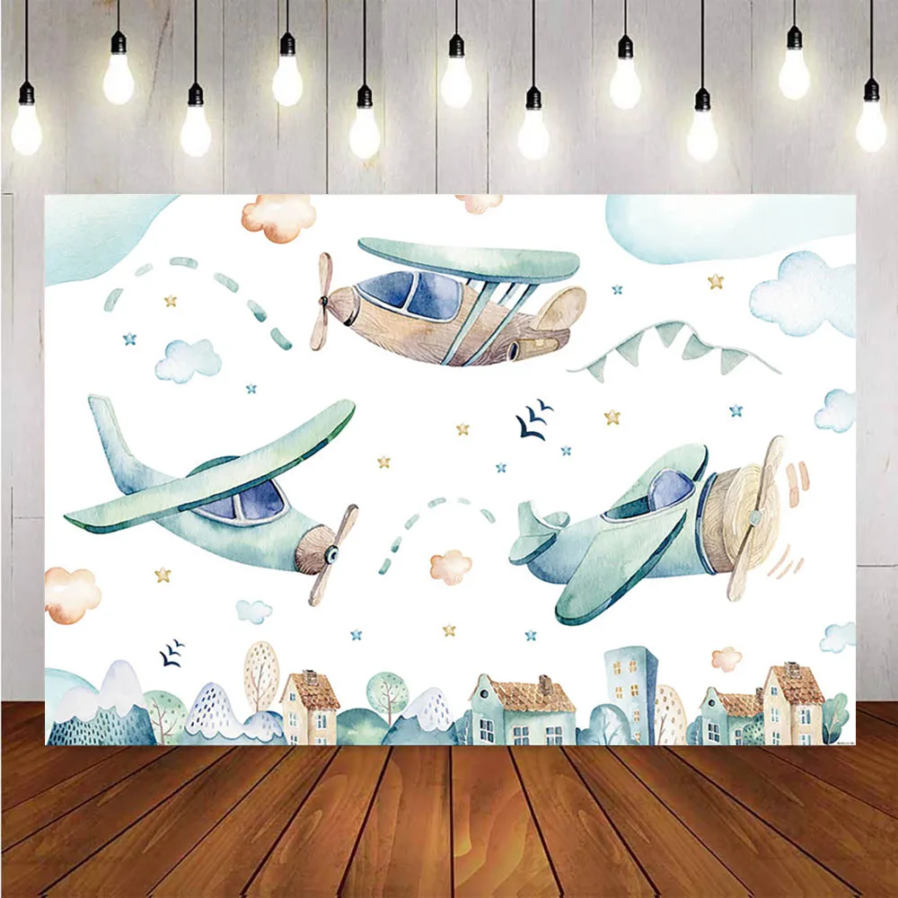 Fondo de fotografía de juguete de Avión Vintage, telón de fotografía de aventura, cielo azul, nubes blancas, cabina, estudio fotográfico