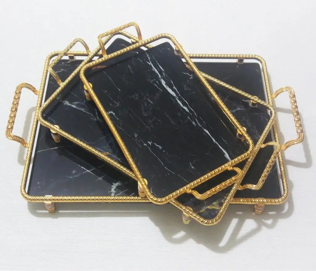 DOLBOVI 3'lü Gold Black Marble Patterned Glass Marbled tray Set tray поднос plateau de service