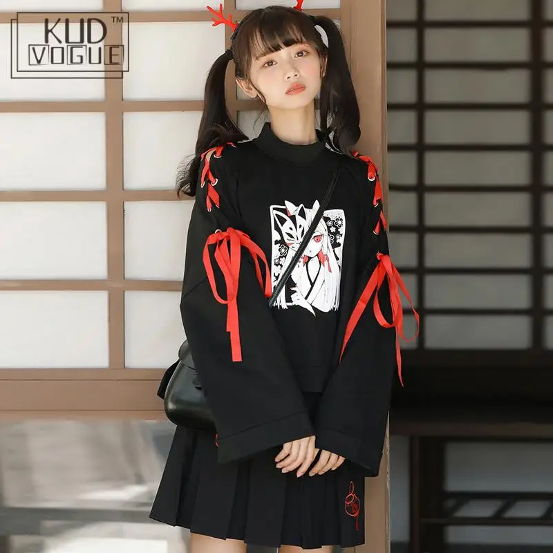 Japanese Oversized Printed Anime Hoodie Women Gothic Street Cool Black Pullover Harajuku Girls Kawaii Comic Cropped Sweatshirt