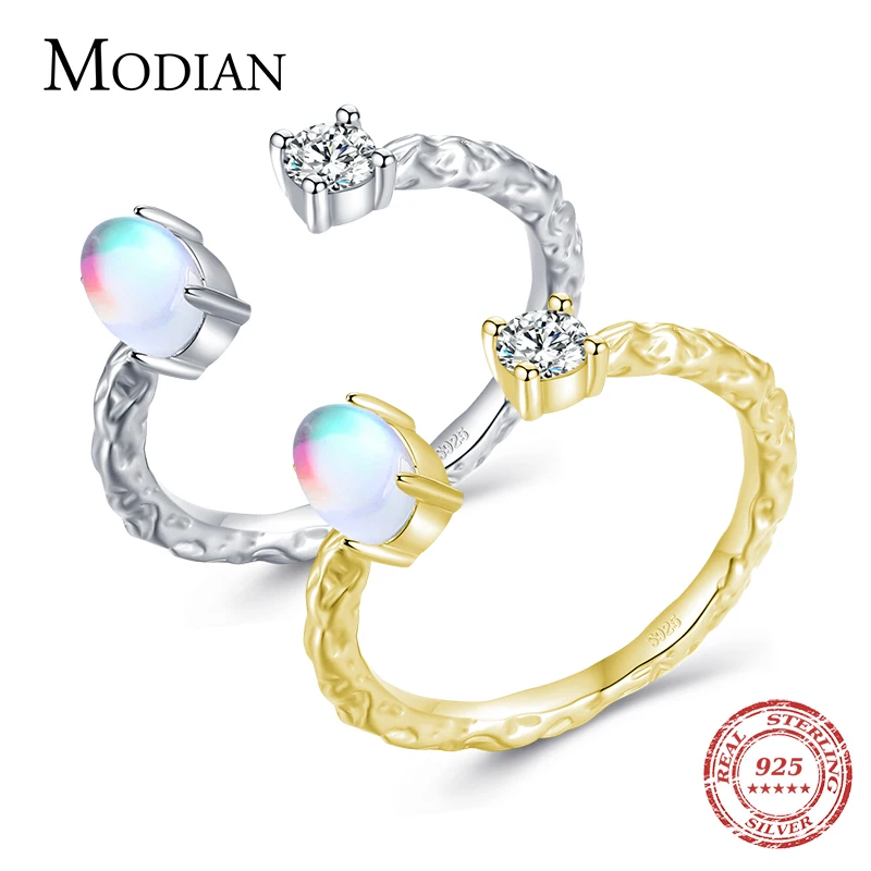 MODIAN Real 925 Sterling Silver Vintage Pattern Adjustable Finger Ring For Women 14K Gold Plated MoonStone Party Fine Jewelry