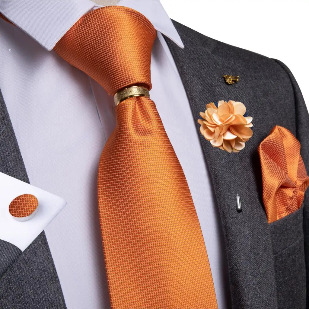 Designer Mens Necktie Orange Solid Tie Handkerchief Cufflinks Gift Set Men Wedding Party Accessories Gravata Brooch Pin DiBanGu