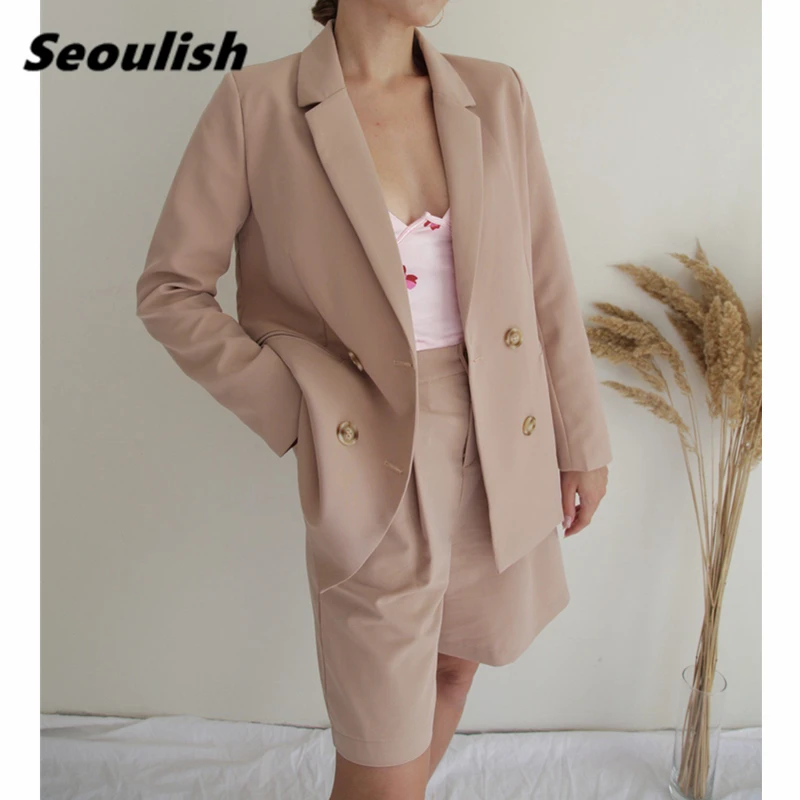 

Seoulish 2021 New Spring Summer Women Shorts Suits Double Breasted Blazer and Wide Leg Shorts Elegant Office Women's Suits Sets