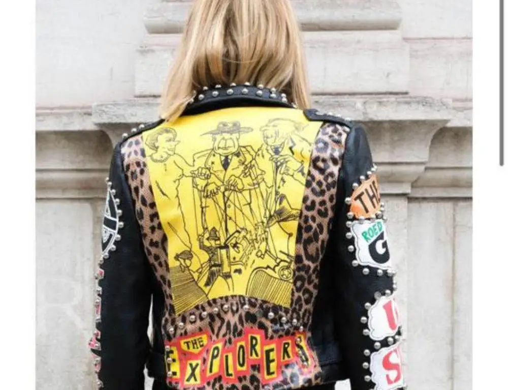 Autumn spring Locomotive graffiti cartoon pu Leather Jacket female Punk Style was thin Motorcyle Jackets Coat with belt F1962