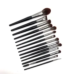 14Pcs Silver Copper Ferrule Makeup Brush Set with Premium Synthetic Fiber Bristles and Wooden Handle