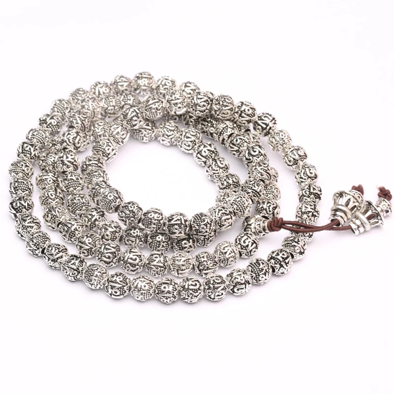 Nepal Retro Handmade Tibetan Silver 8mm 108 Beads Necklace Jewelry Six-Character Mantra Of Buddhism