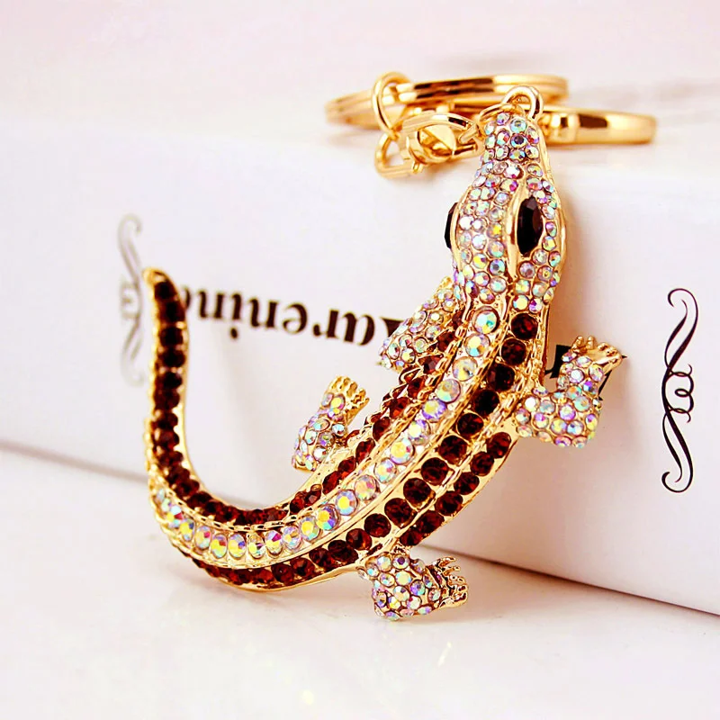 New Crystal Alloy Gecko Fashion Lizard Alloy Metal Key Chain Key Ring Pom Gift For Women Girl Bag Charm Keychain Pendant Jewelry