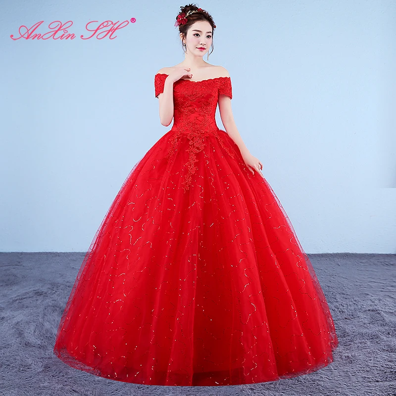 AnXin SH princess flower lace red vintage party boat neck turkey ball gown sparkly lace flower white customized wedding dress