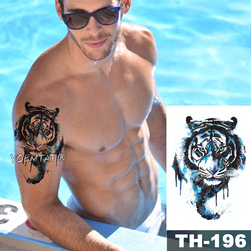 

Waterproof Temporary Tattoo Sticker Dark Blue Watercolor Tiger Pattern Animals Water Transfer Body Art Flash Fake Tatoo