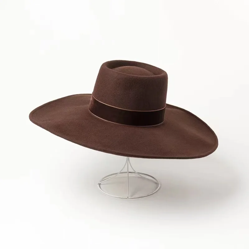 Winter Gold Velvet Decorative Ring Concave Wool Fedora Hats For Women Wide Brim Catwalk Designer Felt Hat Bone Topi  Hmong Hat