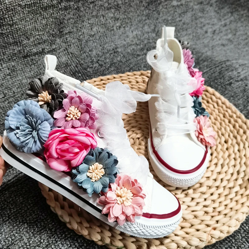 Popular Spring Summer Women Canvas Small White Shoes Women's High Tops Hand-customized Three-dimensional Sequins Flowers