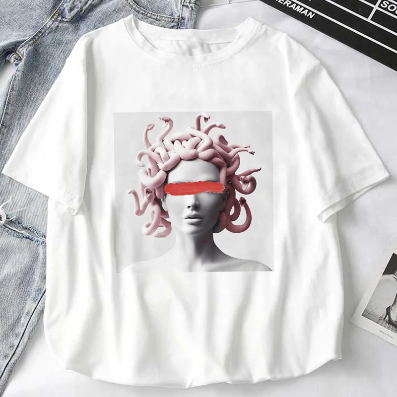 Women Mythology Story Medusa's Head T-Shirts Will Life Men Into A Stone Top Female T-Shirt Harajuku Funny Woman Tshirt,Drop Ship