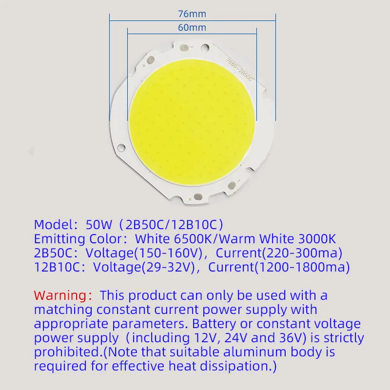 ChipS LED COB de 50W, cuentas de luz de diodo SMD, lámpara integrada para reflector 7660, luces de techo, fuente de luz de foco