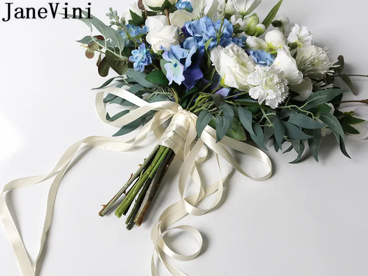 JaneVini – Bouquet de mariage en soie, fleurs bleues artificielles, fait à la main, feuille de Rose jaune, demoiselle d'honneur