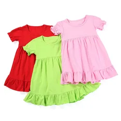 Top Sale 95% Cotton Summer Toddler Blank Short Puff Sleeve Little Baby Kids Girls Ruffle Dress