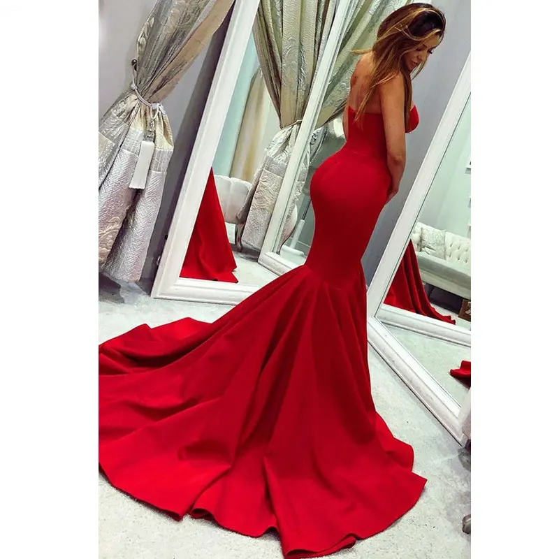 Red satin mermaid communion dresses Long Evening Dress prom party Robe De Soiree longue Formal Dress simple robe de soiree