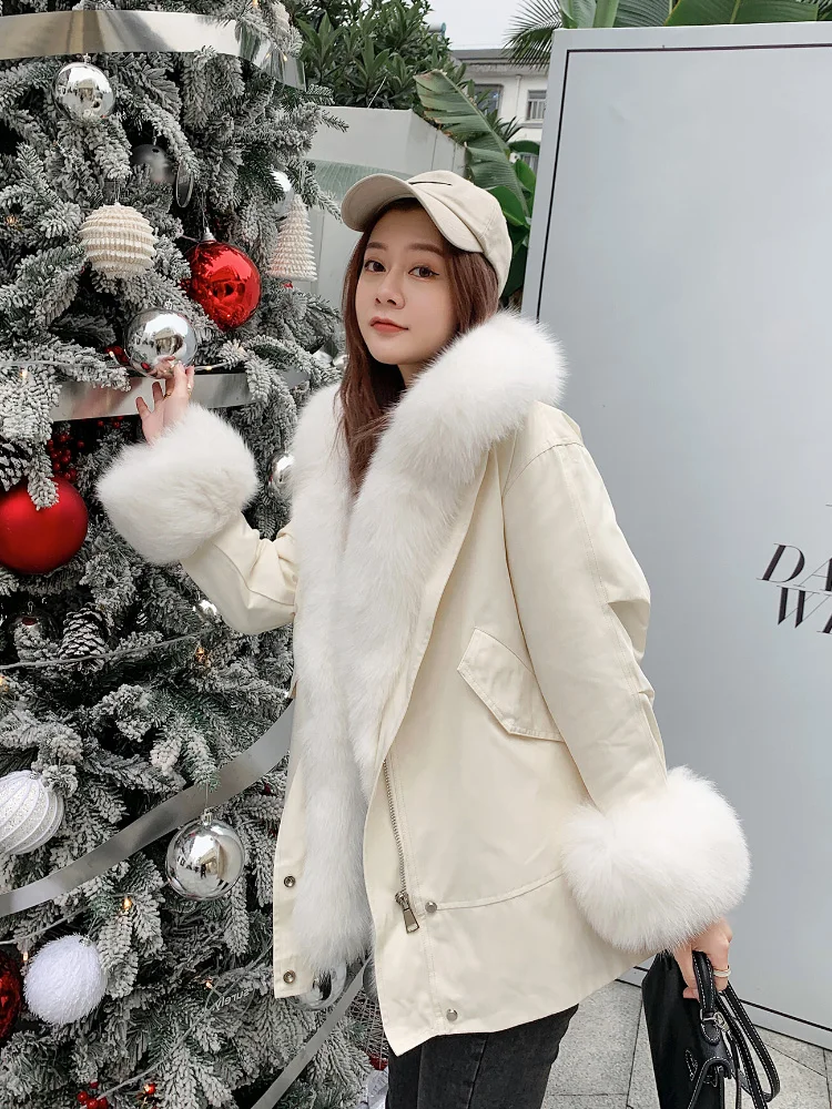 MENINA BONITA 2022 Winter Women Fashion Parkas Natural Fox Fur Collar Real Rex Rabbit Fur Liner Loose Warm Outerwear Streetwear